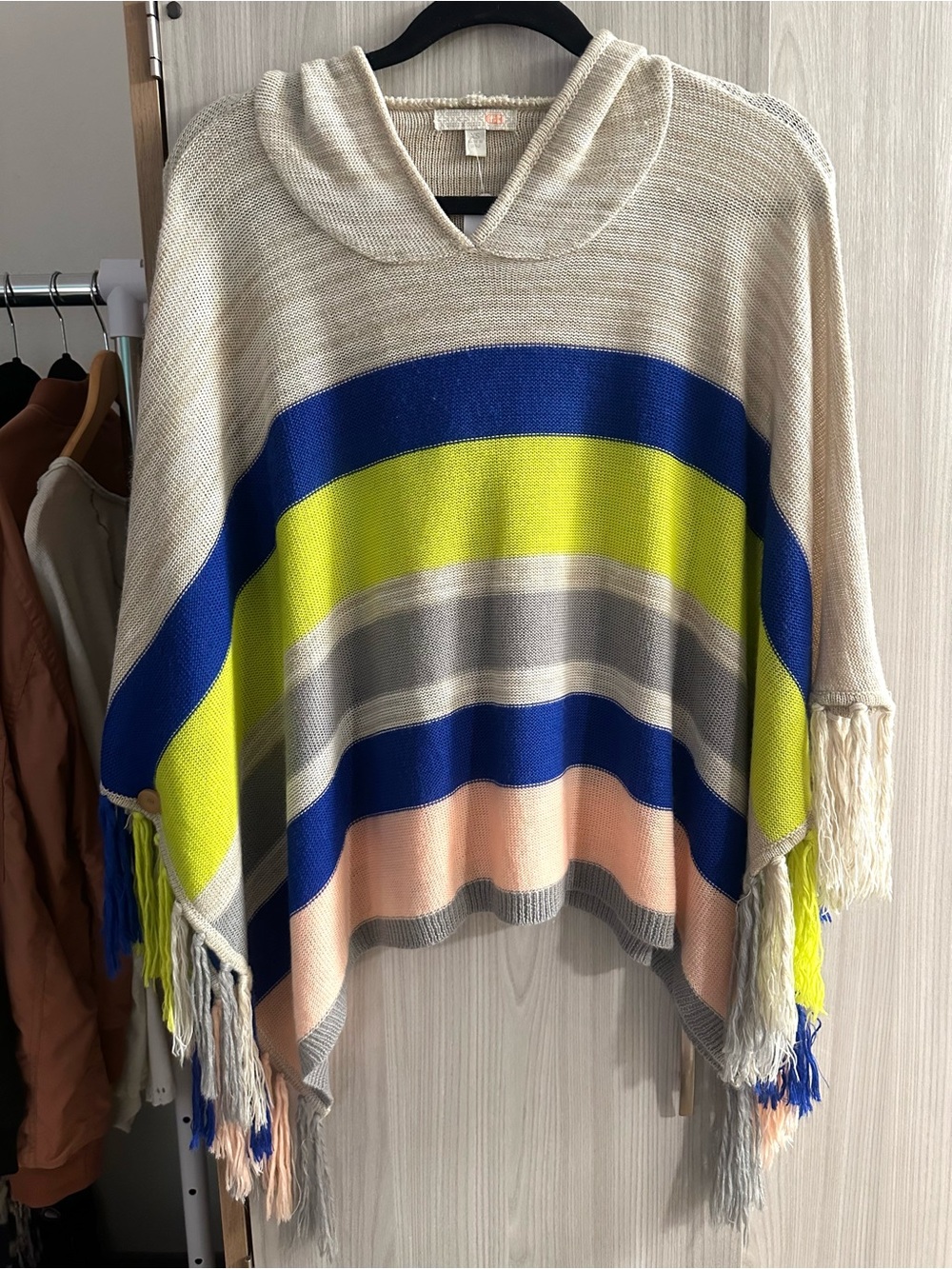 Giani BiniStriped Hooded Fringe Poncho Sweater - Cream, Blue, Yellow, Pink, Gray